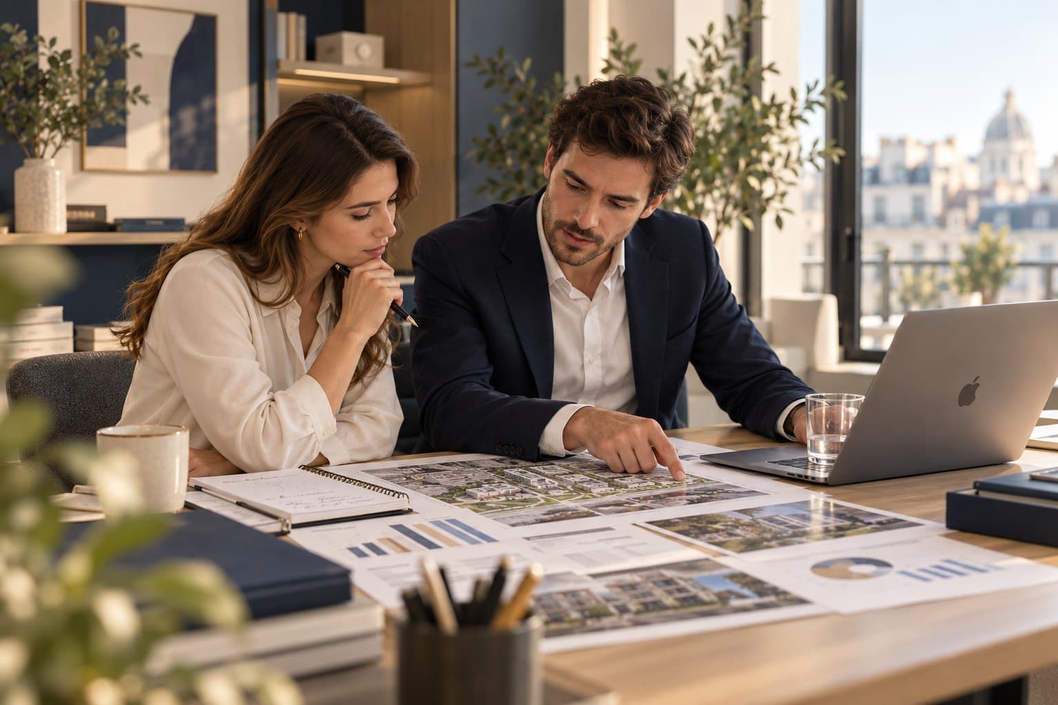 Deux personnes étudient ensemble des annonces imprimées, des graphiques et un ordinateur portable avant de décider.
