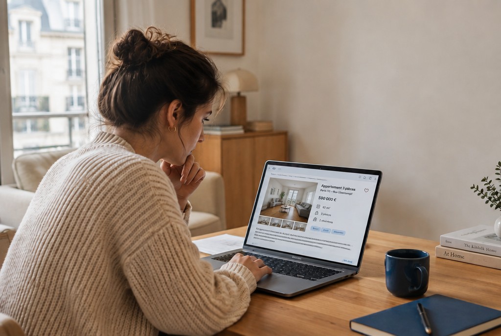 Une femme étudie, la main au menton, une annonce d’appartement sur son ordinateur portable.